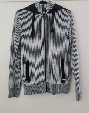 Fried Denim NYC Men's Medium Full Zip Hoodie Knit Sweater Gray Black Ribbed